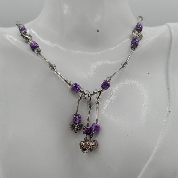 Silver Tone Purple Bead Heart Necklace Vintage Style Heart Charm 22 Inch N3705